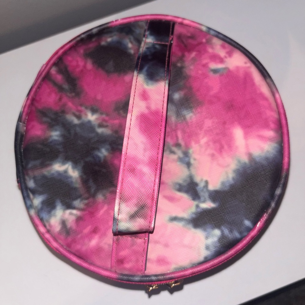 Under One Sky Pink Tie Dye Round Double Layer Cosmetic Case Makeup Train Bag - Picture 5 of 10